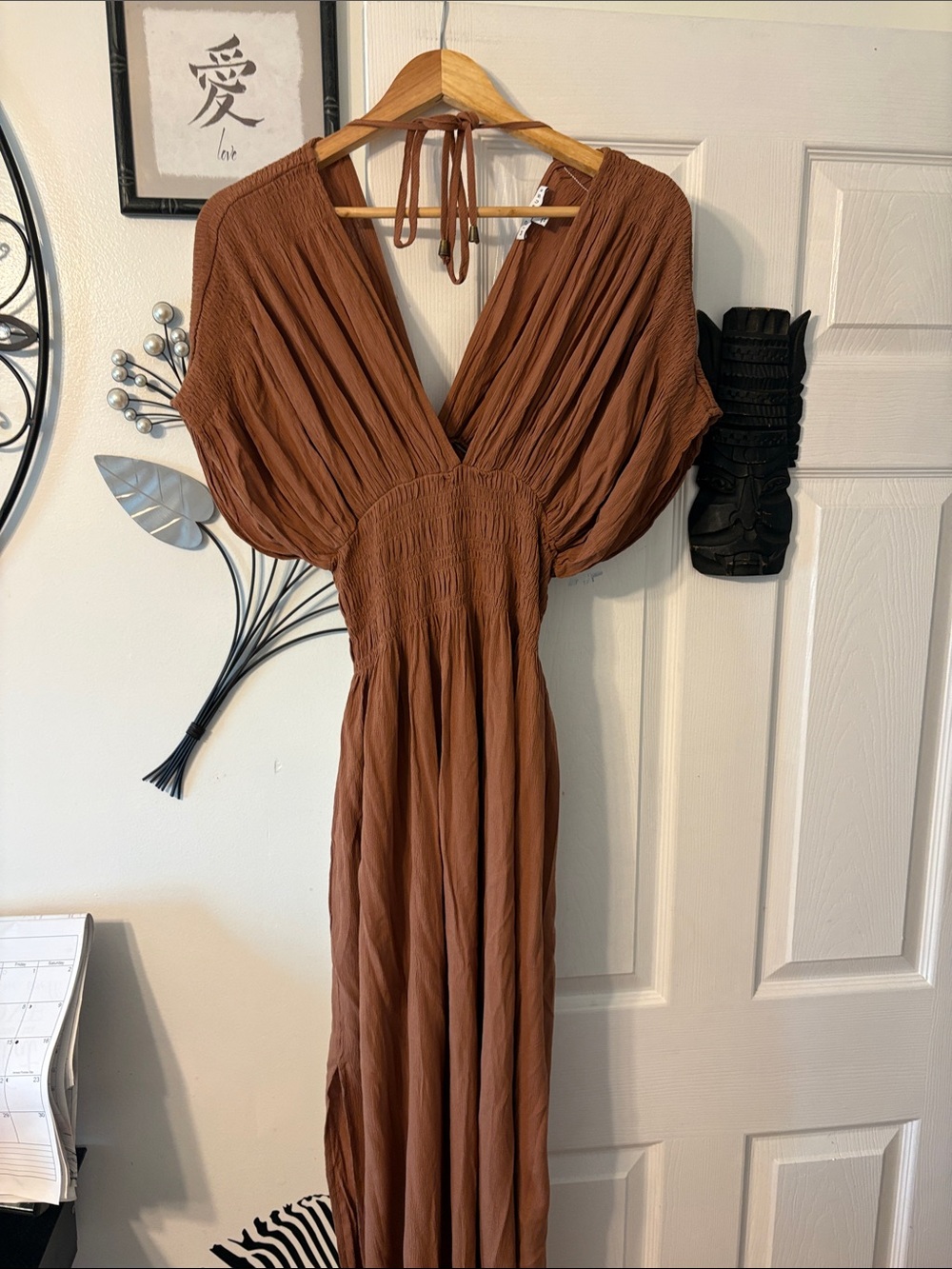 Women's Rust Brown V-Neck Maxi Dress with Smocked Waist